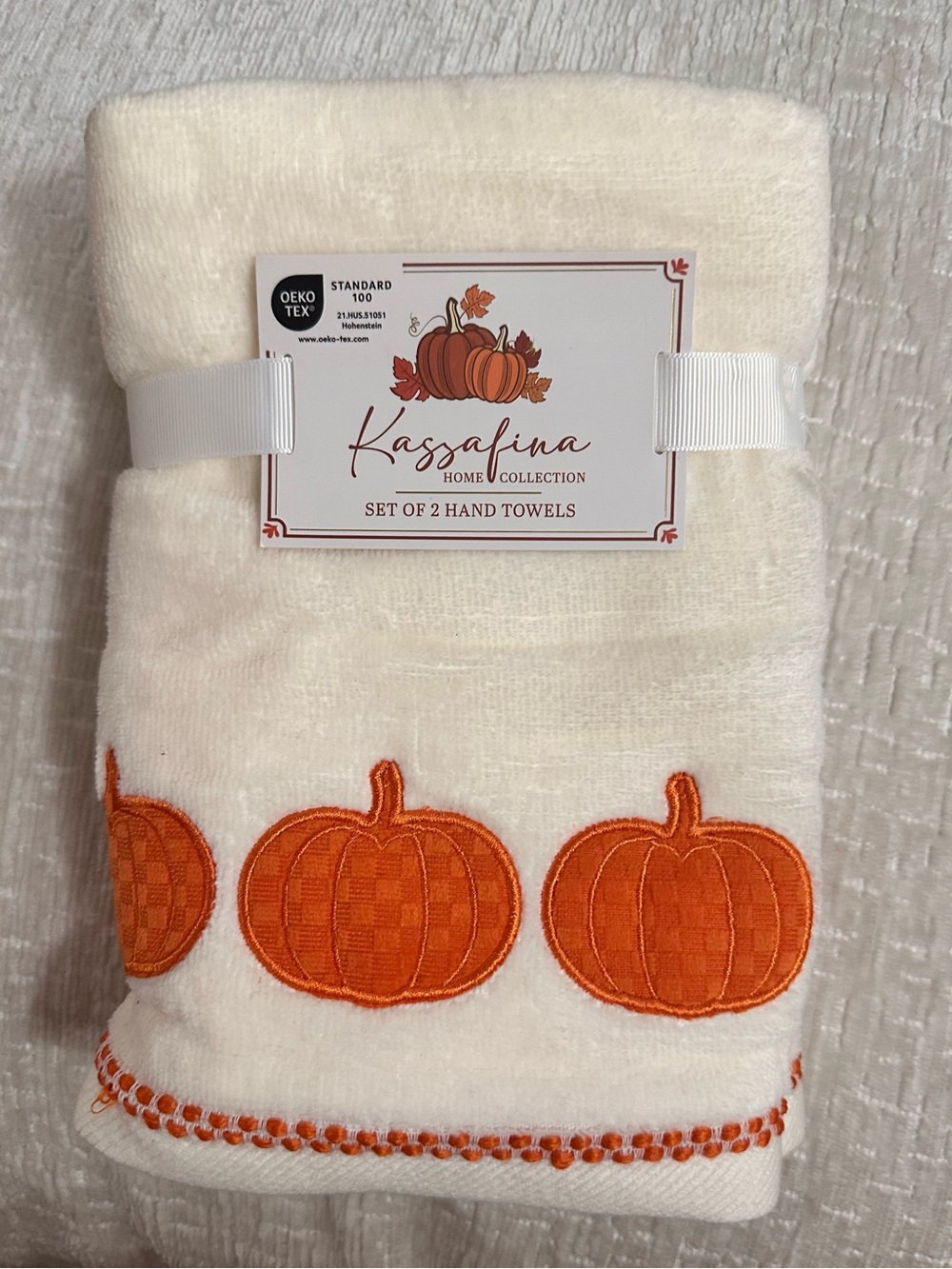 Kassafina Cream Hand Towels with Orange Pumpkin Embroidery - Set of 2